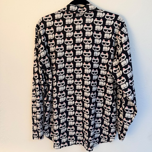 NWT Karl Lagerfeld Paris Choupette Cat Print Button Down Shirt Black White - Picture 3 of 7